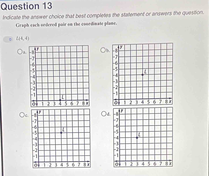 Indicate the answer choice that best completes the statement or answers the question.
Graph each ordered pair on the coordinate plane.
L(4,4)
a.
)b.


c.
)d.