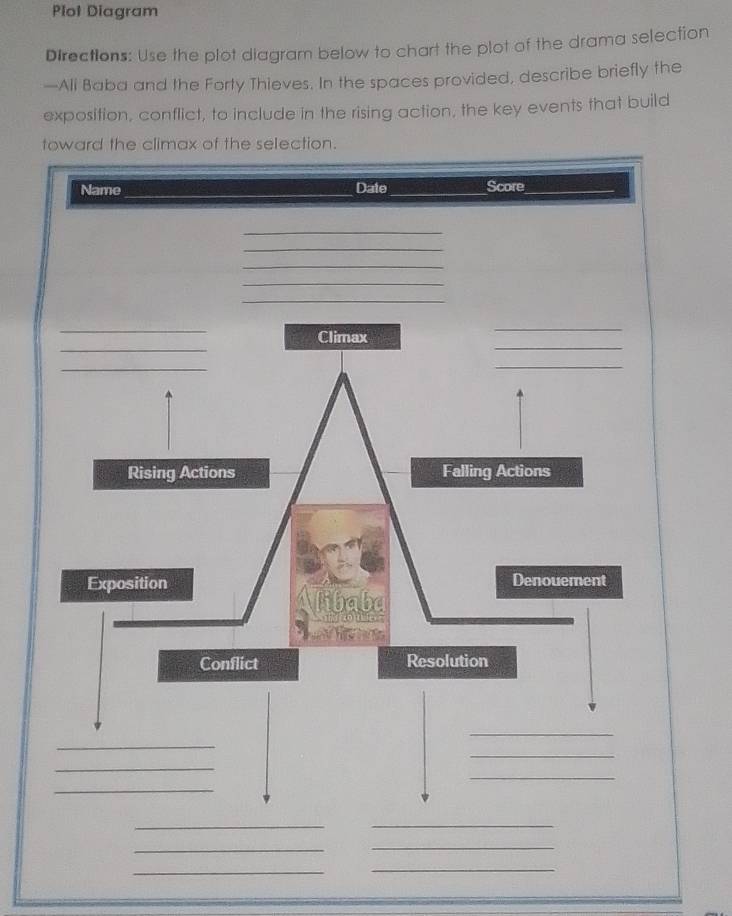 Plot Diagram 
Directions: Use the plot diagram below to chart the plot of the drama selection 
—Ali Baba and the Forty Thieves. In the spaces provided, describe briefly the 
exposition, conflict, to include in the rising action, the key events that build 
_ 
_ 
_ 
_ 
_