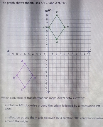 The graph shows rhombuses ABCD and A'B'C'D'.
a rotation 90° clockwise around the origin followed by a translation left 1
units
a reflection across the y-axis followed by a rotation 90° counterclockwise
around the origin