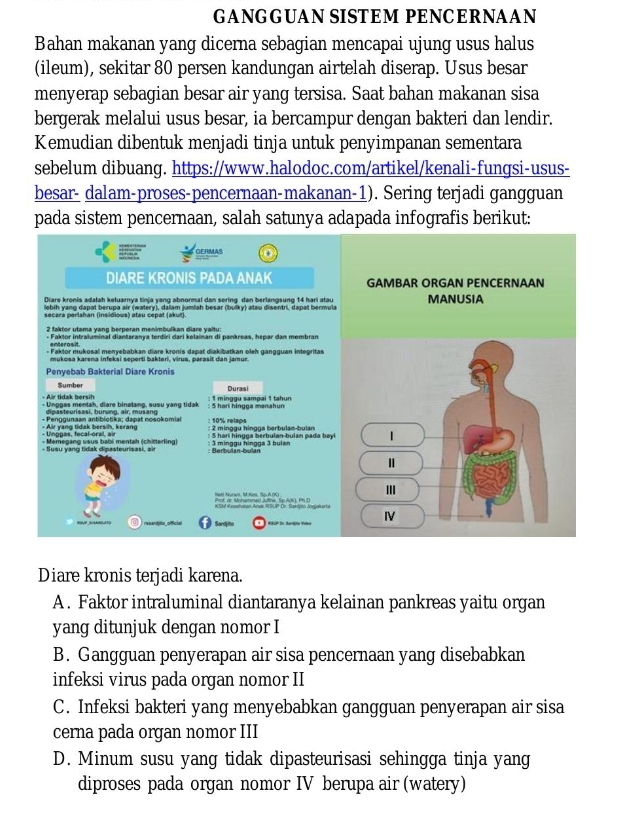 GANGGUAN SISTEM PENCERNAAN
Bahan makanan yang dicerna sebagian mencapai ujung usus halus
(ileum), sekitar 80 persen kandungan airtelah diserap. Usus besar
menyerap sebagian besar air yang tersisa. Saat bahan makanan sisa
bergerak melalui usus besar, ia bercampur dengan bakteri dan lendir.
Kemudian dibentuk menjadi tinja untuk penyimpanan sementara
sebelum dibuang. https://www.halodoc.com/artikel/kenali-fungsi-usus-
besar- dalam-proses-pencernaan-makanan-1). Sering terjadi gangguan
pada sistem pencernaan, salah satunya adapada infografis berikut:
GERMAS
DIARE KRONIS PADA ANAK GAMBAR ORGAN PENCERNAAN
Diare kronis adalah keluarnya tinja yang abnormal dan sering dan berlangsung 14 hari atau MANUSIA
lebih yang dapat berupa air (watery), dalam jumlah besar (bulky) atau disentri, dapat bermula
2 faktor utama yang berperan menimbulkan diare yaitu:
- Faktor intraluminal diantaranya terdiri dari kelainan di pankreas, hepar dan membran
- Faktor mukosal menyebabkan diare kronis dapat diakibatkan oleh gangguan integritas
mukosa karena infeksi seperti bakteri, virus, parasit dan jamur.
Penyebab Bakterial Diare Kronis
Sumber
- Ar tidak bersih Durasi
- Unggas mentah, diare binatang, susu yang tidak : 5 hari hingga mənahun  : 1 minggu samgai 1 tahun
: 10% relaos
- Air yang tidak bersih, kerang  - Penggunaan antibiotika; dapat nosokomial : 2 minggu hingga berbulan-bulan
- Memegang usus babi mentah (chitterling) : 3 minggu hingga 3 bulan : 5 hari hingga berbulan-bulan pada bay
- Susu yang tidak dipasteurisasi, air
Nol Nuran, M. Kes. So.A (K)
Sardjits
Diare kronis terjadi karena.
A. Faktor intraluminal diantaranya kelainan pankreas yaitu organ
yang ditunjuk dengan nomor I
B. Gangguan penyerapan air sisa pencernaan yang disebabkan
infeksi virus pada organ nomor II
C. Infeksi bakteri yang menyebabkan gangguan penyerapan air sisa
cerna pada organ nomor III
D. Minum susu yang tidak dipasteurisasi sehingga tinja yang
diproses pada organ nomor IV berupa air (watery)