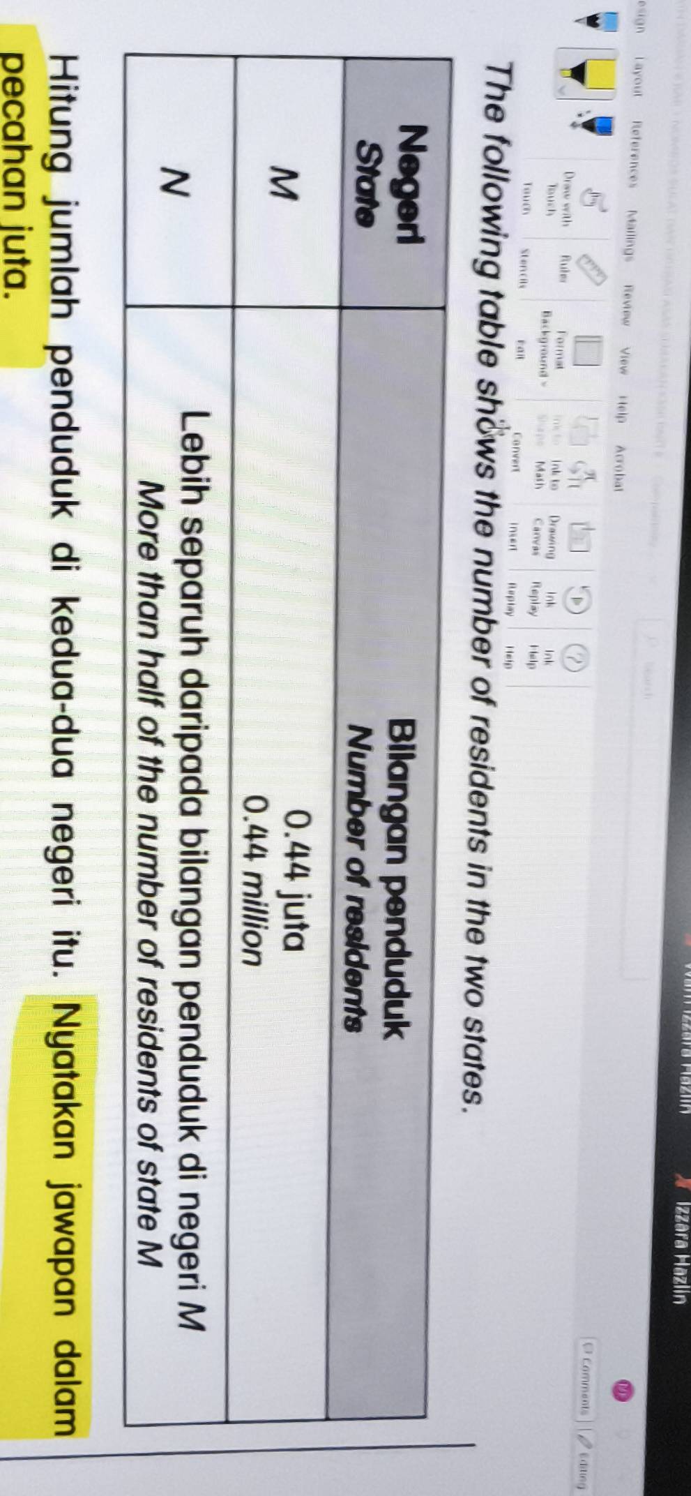 Izzara Hazlin 
ac C p Kearch 
esign i ayout References Mailings Review View Help Acrobat 

C Comments g dng 
911 
D 
Draw with Ruler Format nk t o ink to Drawing lnk lnk 
Touch Background Slape Mash Carvas Replay Help 
Touch Stencils rait Convert insert Repln Heip 
The following table shows the number of residents in the two states. 
Hitung jumlah penduduk di kedua-dua negeri itu. Nyatakan jawapan dalam 
pecahan juta.