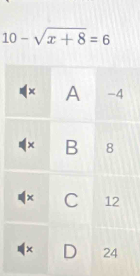 10-sqrt(x+8)=6