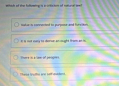 Solved: Which of the following is a criticism of natural law? Value is ...