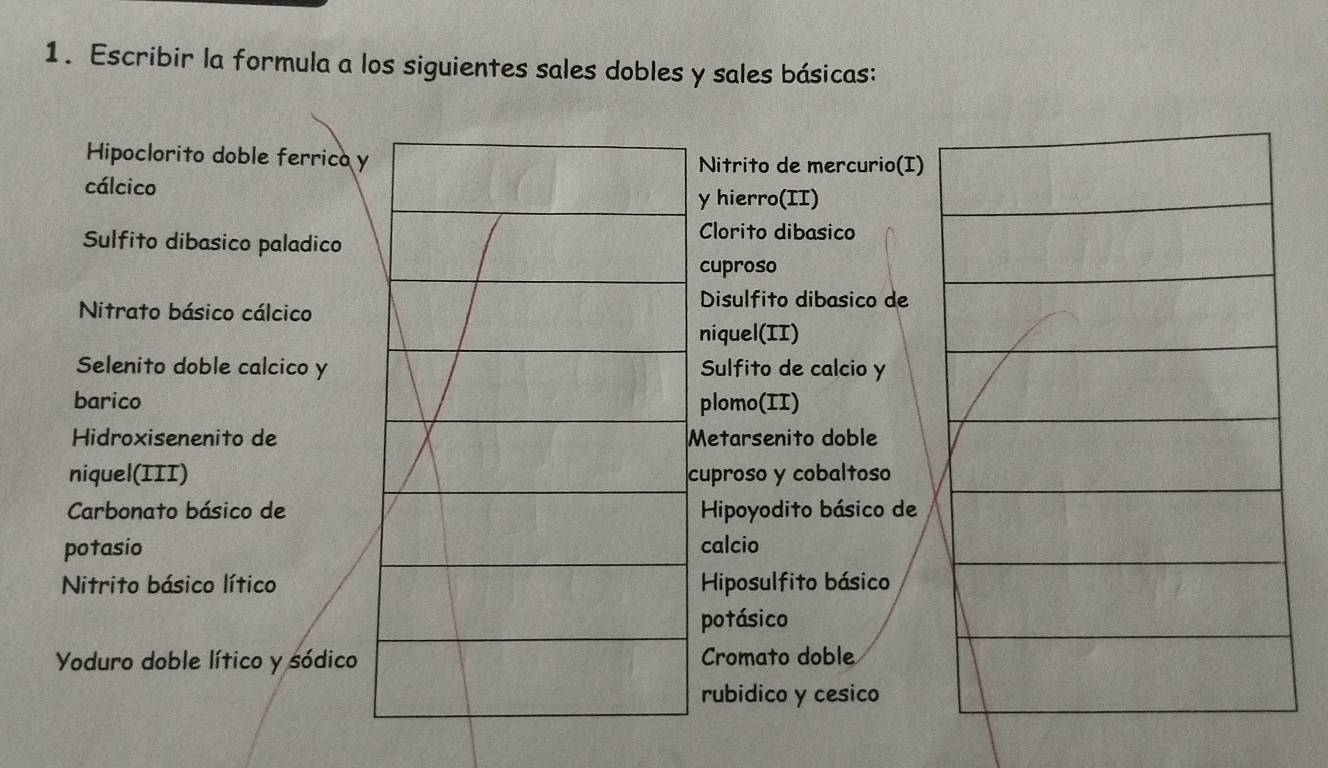 Escribir la formula a los siguientes sales dobles y sales básicas: 
Hipoclorito doble ferrica y Nitrito de mercurio(I) 
cálcico 
y hierro(II) 
Sulfito dibasico paladico 
Clorito dibasico 
cuproso 
Nitrato básico cálcico 
Disulfito dibasico de 
niquel(II) 
Selenito doble calcico y Sulfito de calcio y 
barico plomo(II) 
Hidroxisenenito de Metarsenito doble 
niquel(III) cuproso y cobaltoso 
Carbonato básico de Hipoyodito básico de 
potasio calcio 
Nitrito básico lítico Hiposulfito básico 
potásico 
Yoduro doble lítico y sódico Cromato doble 
rubidico y cesico