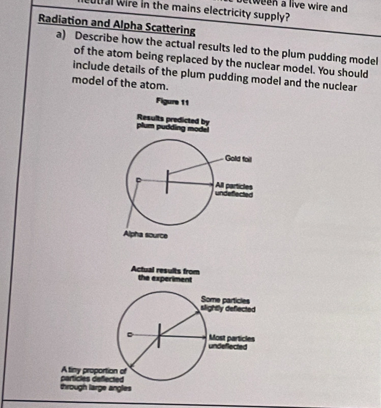 between a live wire and 
utral wire in the mains electricity supply? 
Radiation and Alpha Scattering 
a) Describe how the actual results led to the plum pudding model 
of the atom being replaced by the nuclear model. You should 
include details of the plum pudding model and the nuclear 
model of the atom. 
Fig