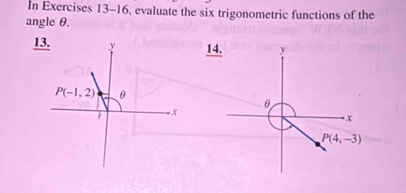 In Exercises 13-16, evaluate the six trigonometric functions of the 
angle θ. 
13.
y 14. y
P(-1,2) θ
θ
x
x
P(4,-3)