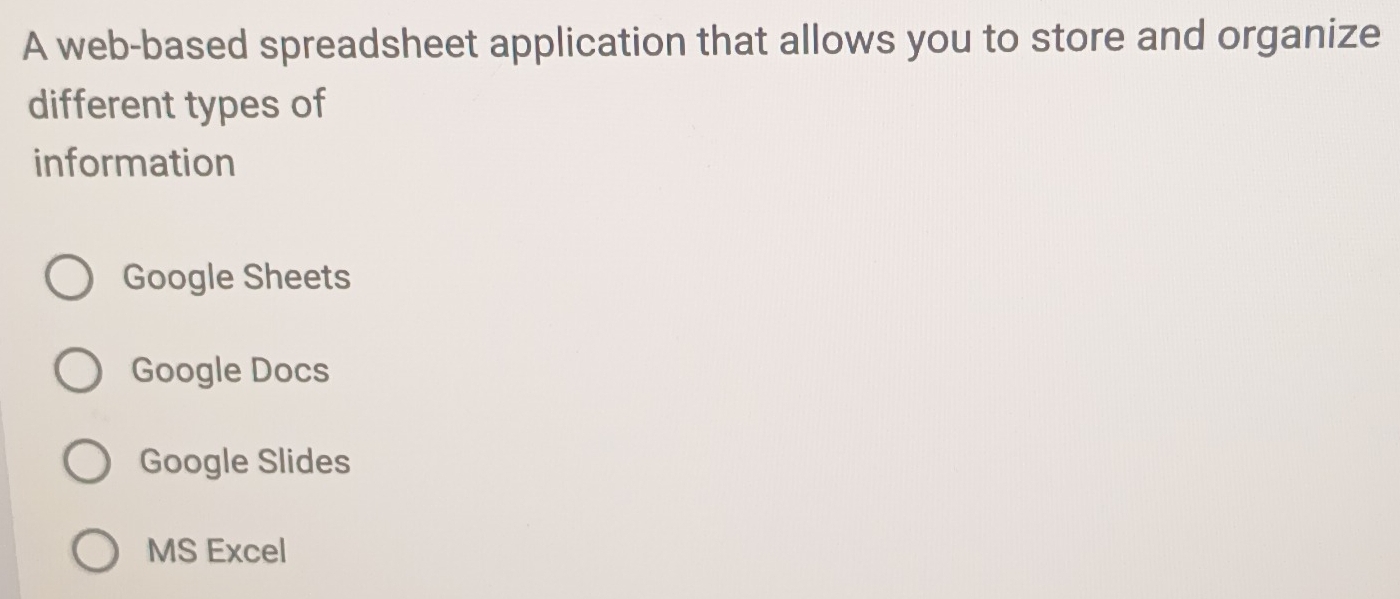 A web-based spreadsheet application that allows you to store and organize
different types of
information
Google Sheets
Google Docs
Google Slides
MS Excel