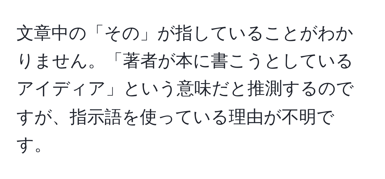 文章中の「その」が指していることがわかりません。「著者が本に書こうとしているアイディア」という意味だと推測するのですが、指示語を使っている理由が不明です。