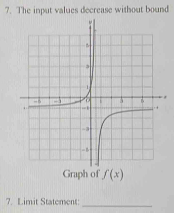 The input values decrease without bound 
Graph of f(x)
7. Limit Statement: 
_