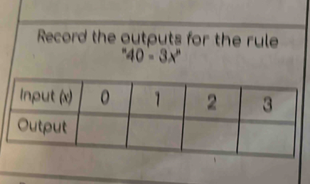 Record the outputs for the rule
''40=3x''