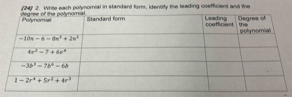 [24] 2. Write each polynomial in standard form, identify the leading coefficient and the