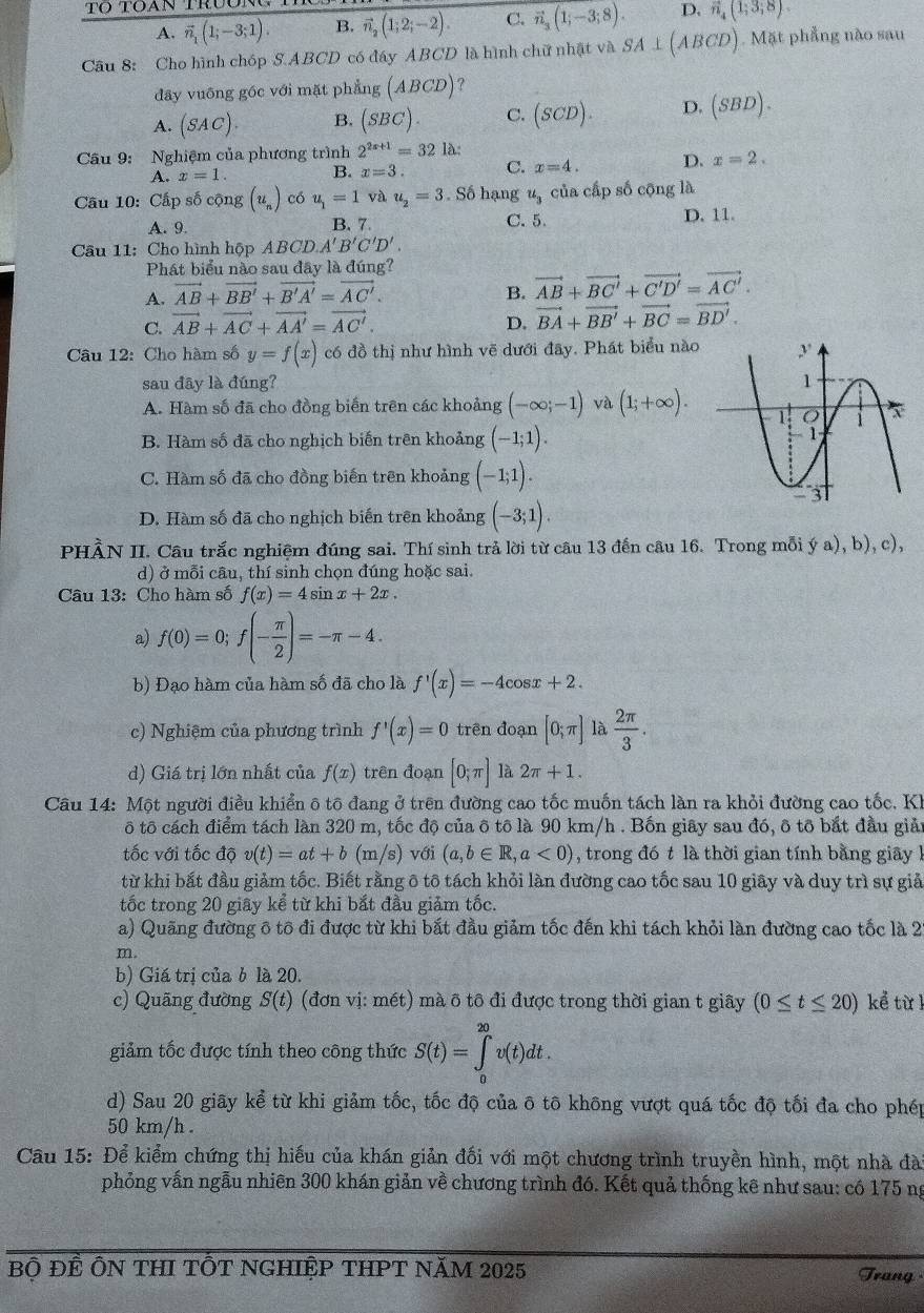 A. vector n_1(1;-3;1). B. vector n_2(1;2;-2). C. vector n_3(1;-3;8). D. vector n_4(1;3;8).
Câu 8: Cho hình chóp S.ABCD có đáy ABCD là hình chữ nhật và SA⊥ (ABCD).  Mặt phẳng nào sau
đây vuōng gốc với mặt phẳng (ABCD) ?
A. (SAC) B. (SBC). C. (SCD). D. (SBD).
Cầu 9: Nghiệm của phương trình 2^(2x+1)=32 là:
A. x=1. B. x=3. C. x=4. D. x=2.
Câu 10: Cấp số cộng (u_n) có u_1=1 và u_2=3. Số hạng u_3 của cấp số cộng là
C. 5
A. 9. B. 7 D. 11.
Cầu 11: Cho hình hộp AB CD.A'B'C'D'.
Phát biểu nào sau đây là đúng?
A. vector AB+vector BB'+vector B'A'=vector AC'. B. vector AB+vector BC'+vector C'D'=vector AC'.
C. vector AB+vector AC+vector AA'=vector AC'. D. vector BA+vector BB'+vector BC=vector BD'.
Câu 12: Cho hàm số y=f(x) có đồ thị như hình vẽ dưới đãy, Phát biểu nào
sau đây là đúng?
A. Hàm số đã cho đồng biến trên các khoảng (-∈fty ;-1) và (1;+∈fty ).
B. Hàm số đã cho nghịch biến trên khoảng (-1;1).
C. Hàm số đã cho đồng biến trên khoảng (-1;1).
D. Hàm số đã cho nghịch biến trên khoảng (-3;1).
PHÀN II. Câu trắc nghiệm đúng sai. Thí sinh trả lời từ câu 13 đến câu 16. Trong mỗi ý a), b), c),
d) ở mỗi câu, thí sinh chọn đúng hoặc sai.
Câu 13: Cho hàm số f(x)=4sin x+2x.
a) f(0)=0;f(- π /2 )=-π -4.
b) Đạo hàm của hàm số đã cho là f'(x)=-4cos x+2.
c) Nghiệm của phương trình f'(x)=0 trên đoạn [0;π ] là  2π /3 .
d) Giá trị lớn nhất của f(x) trên đoạn [0;π ] là 2π +1.
Câu 14: Một người điều khiển ô tô đang ở trên đường cao tốc muốn tách làn ra khỏi đường cao tốc, Kh
ô tô cách điểm tách làn 320 m, tốc độ của ô tô là 90 km/h . Bốn giây sau đó, ô tô bắt đầu giả
tốc với tốc độ v(t)=at+b(m/s) với (a,b∈ R,a<0) , trong đó t là thời gian tính bằng giây l
từ khi bắt đầu giảm tốc. Biết rằng ô tô tách khỏi làn đường cao tốc sau 10 giây và duy trì sự giả
tốc trong 20 giây kể từ khi bắt đầu giảm tốc.
a) Quãng đường ô tô đi được từ khi bắt đầu giảm tốc đến khi tách khỏi làn đường cao tốc là 2
m.
b) Giá trị của b là 20.
c) Quãng đường S(t) (đơn vị: mét) mà ô tô đi được trong thời gian t giây (0≤ t≤ 20) kể từ l
giảm tốc được tính theo công thức S(t)=∈tlimits _0^(20)v(t)dt.
d) Sau 20 giãy kể từ khi giảm tốc, tốc độ của ô tô không vượt quá tốc độ tối đa cho phép
50 km/h .
Câu 15: Để kiểm chứng thị hiếu của khán giản đối với một chương trình truyền hình, một nhà đài
phỏng vấn ngẫu nhiên 300 khán giản về chương trình đó. Kết quả thống kẽ như sau: có 175 ng
Bộ ĐÊ ÔN THI TÔT NGHIỆP THPT NăM 2025 Trang