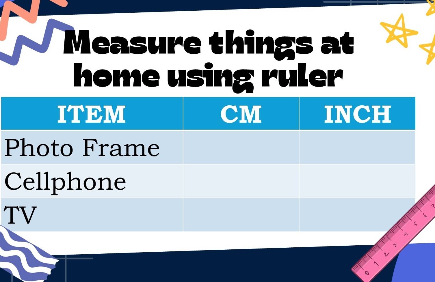 Measure things at 
home using ruler 
T 
1 
o