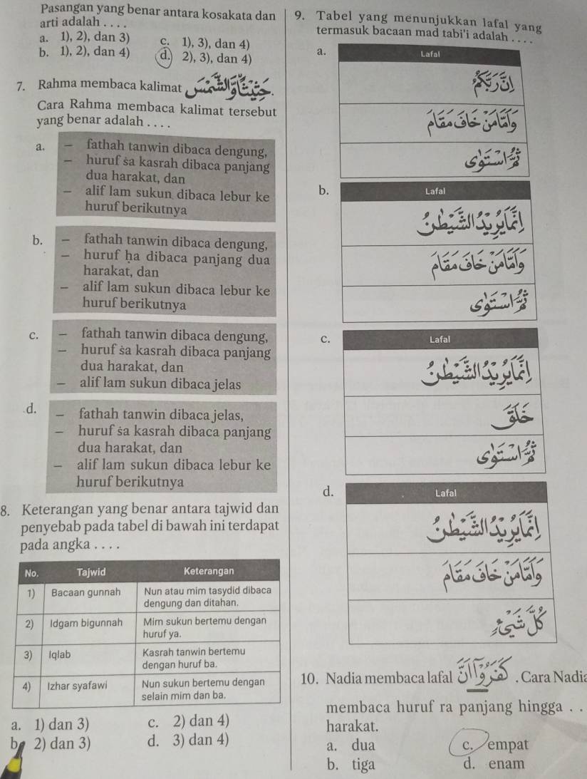 Pasangan yang benar antara kosakata dan 9. Tabel yang menunjukkan lafal yang
arti adalah . . . . termasuk bacaan mad tabi'i adalah
a. 1), 2), dan 3) c. 1), 3), dan 4) a
b. 1), 2), dan 4) d. 2), 3), dan 4)
7. Rahma membaca kalimat
Cara Rahma membaca kalimat tersebut
yang benar adalah . . . .
a. fathah tanwin dibaca dengung,
huruf sa kasrah dibaca panjang
dua harakat, dan
alif lam sukun dibaca lebur ke b
huruf berikutnya
b. fathah tanwin dibaca dengung,
huruf ḥa dibaca panjang dua
harakat, dan
alif lam sukun dibaca lebur ke
huruf berikutnya
C. fathah tanwin dibaca dengung, c
huruf sa kasrah dibaca panjang
dua harakat, dan
alif lam sukun dibaca jelas
d, fathah tanwin dibaca jelas,
huruf sa kasrah dibaca panjang
dua harakat, dan
alif lam sukun dibaca lebur ke
huruf berikutnya
d
8. Keterangan yang benar antara tajwid dan
penyebab pada tabel di bawah ini terdapat
pada angka . . . .
. Nadia membaca lafal . Cara Nadia
membaca huruf ra panjang hingga . .
a. 1) dan 3) c. 2) dan 4) harakat.
b 2) dan 3) d. 3) dan 4) a. dua c. empat
b. tiga d. enam