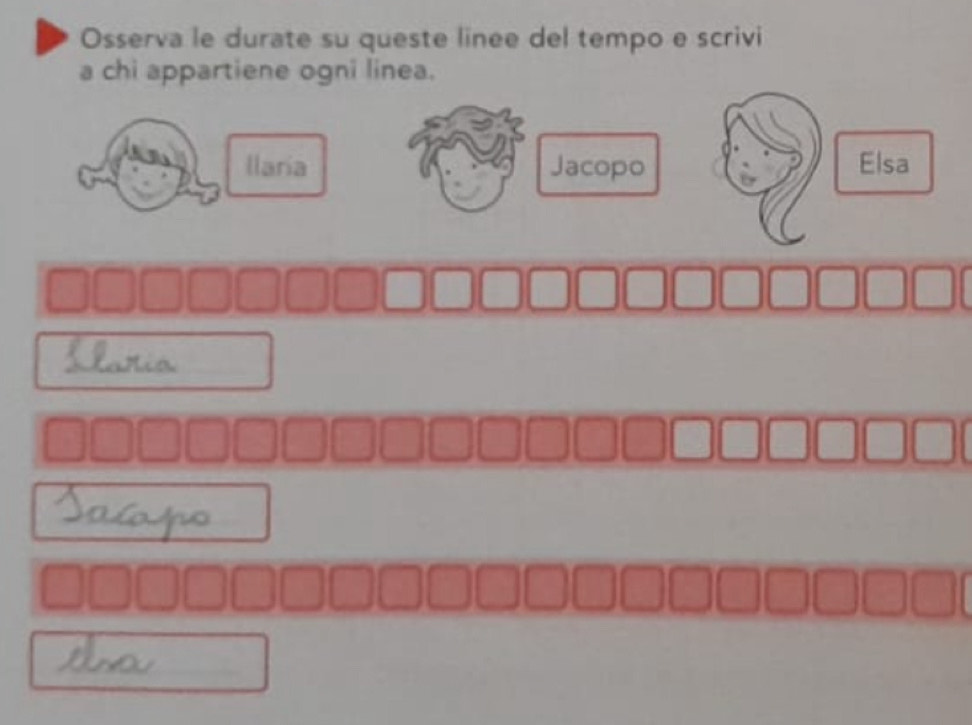 Osserva le durate su queste linee del tempo e scrivi 
a chi appartiene ogni linea. 
llaría Jacopo Elsa