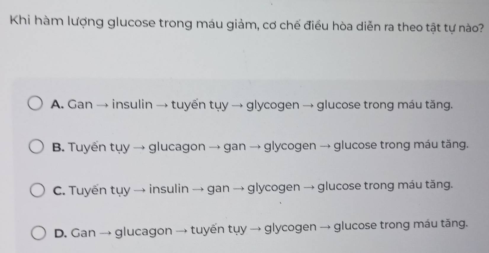 Khi hàm lượng glucose trong máu giảm, cơ chế điều hòa diễn ra theo tật tự nào?
A. Gan → insulin → tuyến tụy → glycogen → glucose trong máu tăng.
B. Tuyến tụy → glucagon → gan → glycogen → glucose trong máu tăng.
C. Tuyến tụy → insulin → gan → glycogen → glucose trong máu tăng.
D. Gan → glucagon → tuyến tụy → glycogen → glucose trong máu tăng.