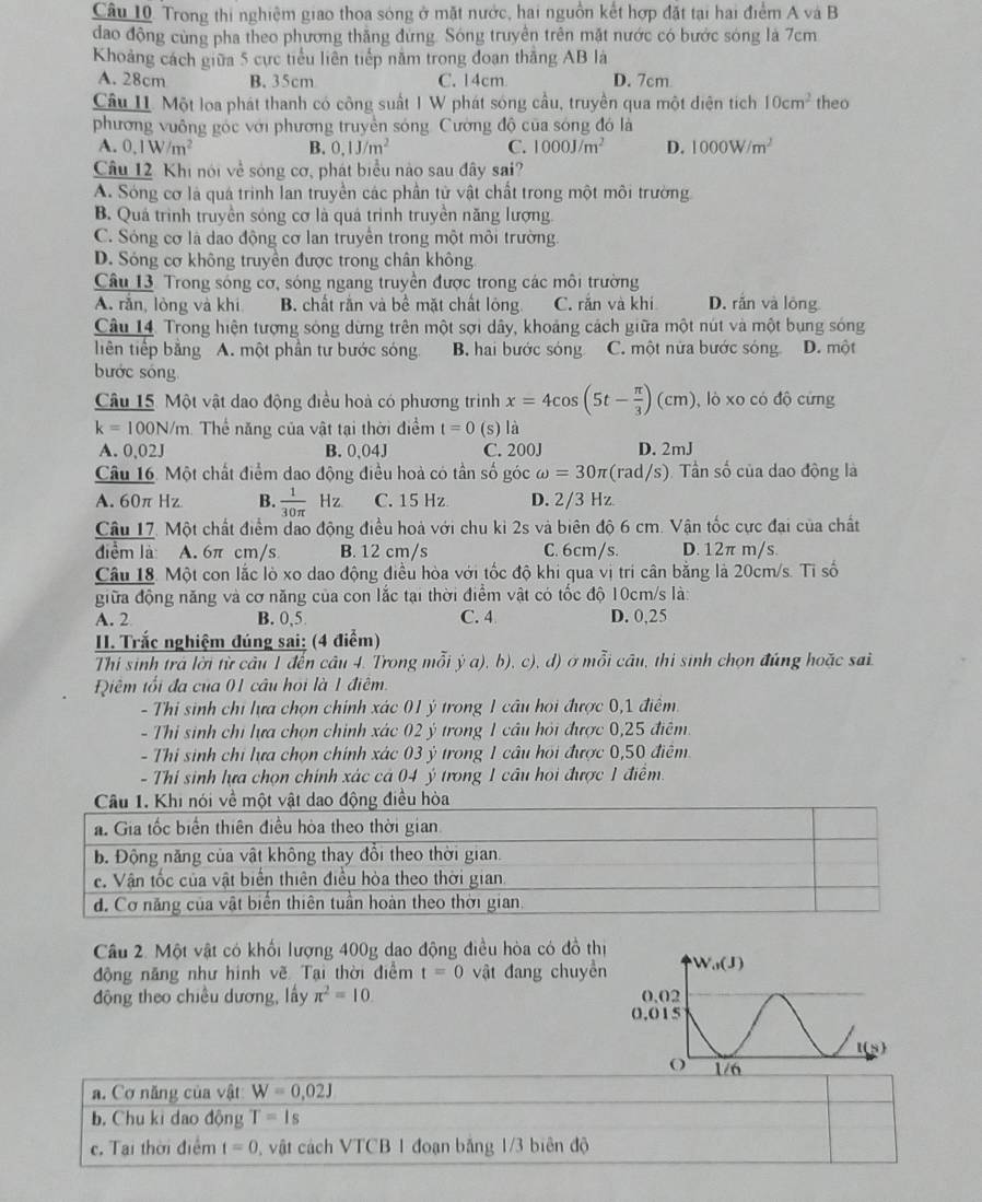 Trong thi nghiệm giao thoa sóng ở mặt nước, hai nguồn kết hợp đặt tại hai điểm A và B
dao động cùng pha theo phương thăng đứng. Sóng truyền trên mặt nước có bước sóng là 7cm
Khoảng cách giữa 5 cực tiểu liên tiếp năm trong đoạn thắng AB là
A. 28cm B. 35cm C. 14cm D. 7cm
Câu II. Một loa phát thanh có công suất 1 W phát sóng cầu, truyền qua một diện tích 10cm^2 theo
phương vuông góc với phương truyền sóng Cường độ của sóng đó là
A. 0.1W/m^2 B. 0,1J/m^2 C. 1000J/m^2 D. 1000W/m^2
Câu 12 Khi nói về sóng cơ, phát biểu nào sau đây sai?
A. Sóng cơ là quá trình lan truyền các phần tử vật chất trong một môi trường
B. Quả trình truyền sóng cơ là quả trình truyền năng lượng.
C. Sóng cơ là dao động cơ lan truyền trong một môi trường.
D. Sóng cơ không truyền được trong chân không
Câu 13. Trong sóng cơ, sóng ngang truyền được trong các môi trường
A. rǎn, lòng và khi B. chất rắn và bể mặt chất lóng C. rắn và khí D. rǎn và lông
Câu 14. Trong hiện tượng sóng dừng trên một sợi dây, khoảng cách giữa một nút và một bung sóng
liên tiếp bằng A. một phần tư bước sóng B. hai bước sóng C. một nửa bước sóng D. một
bước sóng
Câu 15. Một vật dao động điều hoà có phương trình x=4cos (5t- π /3 )(cm) , lò xo có độ cứng
k=100N/m n. Thể năng của vật tại thời điểm t=0 (s) là
A. 0,02J B. 0.04J C. 200J D. 2mJ
Câu 16. Một chất điểm dao động điều hoà có tần số góc omega =30π (ra d/s s). Tần số của dao động là
A. 60π Hz B.  1/30π   Hz C. 15 Hz D. 2/3 Hz
Câu 17. Một chất điểm dao động điều hoà với chu ki 2s và biên độ 6 cm. Vận tốc cực đại của chất
điểm là A. 6π cm/s B. 12 cm/s C. 6cm/s. D. 12π m/s.
Câu 18. Một con lắc lò xo dao động điều hòa với tốc độ khi qua vị tri cân bằng là 20cm/s. Tỉ số
giữa động năng và cơ năng của con lắc tại thời điểm vật có tốc độ 10cm/s là:
A. 2 B. 0,5 C. 4 D. 0,25
II. Trắc nghiệm đúng sai: (4 điểm)
Thi sinh tra lời từ câu 1 đến câu 4. Trong mỗi ý a), b), c), d) ở mỗi câu, thi sinh chọn đúng hoặc sai
Riêm tối đa của 01 câu họi là 1 điệm.
- Thi sinh chỉ lựa chọn chính xác 01 ý trong 1 câu hoi được 0,1 điểm.
- Thi sinh chi lựa chọn chính xác 02 ý trong 1 cầu hỏi được 0,25 điệm.
- Thi sinh chi lựa chọn chính xác 03 ý trong 1 câu hoi được 0,50 điễm
- Thi sinh lựa chọn chính xác cá 04 ý trong 1 câu hoi được 1 điểm.
Câu 2. Một vật có khối lượng 400g dao động điều hòa có đồ thị
động năng như hình vẽ Tại thời điểm t=0 vật đang chuyền 
động theo chiều dương, lấy π^2=10.
a. Cơ năng của vật W=0,02J. Chu kỉ dao động T=1s
c. Tai thời điểm t=0 vật cách VTCB 1 đoạn băng 1/3 biên độ