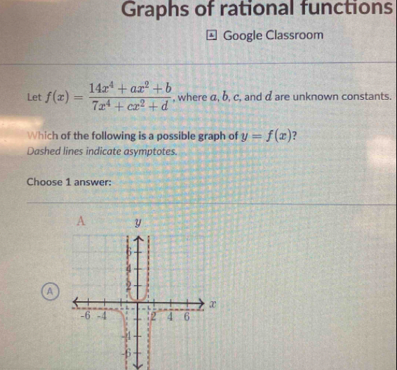 Graphs of rational functions Google Classroom Let f(x)= (14x^4+ax^2+b ...