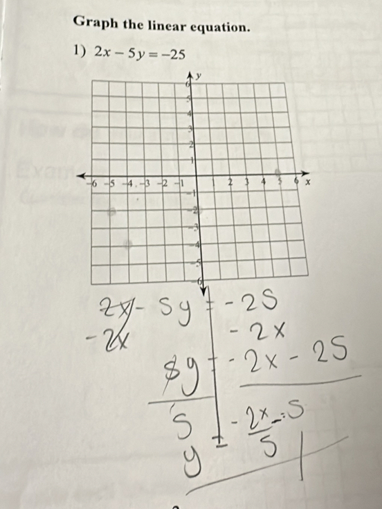 Graph the linear equation. 
1) 2x-5y=-25