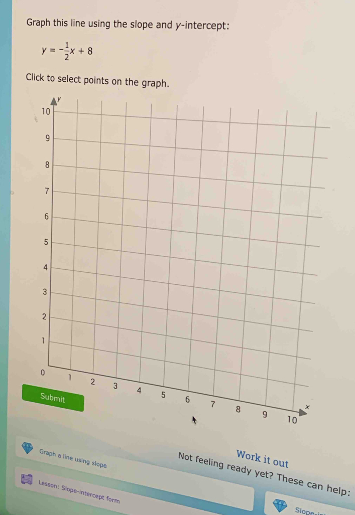 Graph this line using the slope and y-intercept:
y=- 1/2 x+8
Click to select points on the graph. 
Work it out 
Graph a line using slope 
Not feeling ready yet? These can help: 
Lesson: Slope-intercept form 
Slope-i