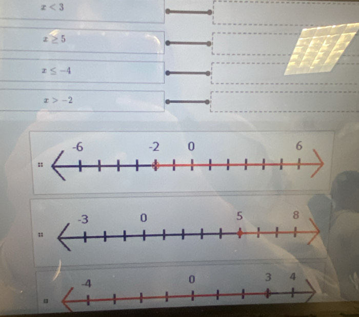 x<3</tex>
x≥ 5
x≤ -4
x>-2