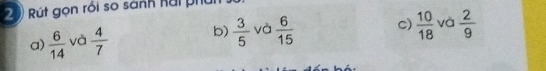 Rút gọn rói so sánh hai phúi
a)  6/14  và  4/7  b)  3/5  và  6/15 
c)  10/18  và  2/9 