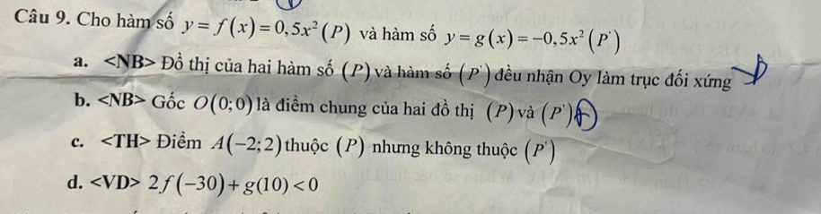 Cho hàm số y=f(x)=0,5x^2(P) và hàm số y=g(x)=-0,5x^2(P')
a. ∠ NB>Dhat o thị của hai hàm số (P) và hàm số (P) đều nhận Oy làm trục đối xứng
b. ∠ NB>Gdot OcO(0;0) đà điểm chung của hai đồ thị (P) và (P').
c. Điểm A(-2;2) 0 thuộc (P) nhưng không thuộc (P)
d. 2f(-30)+g(10)<0</tex>