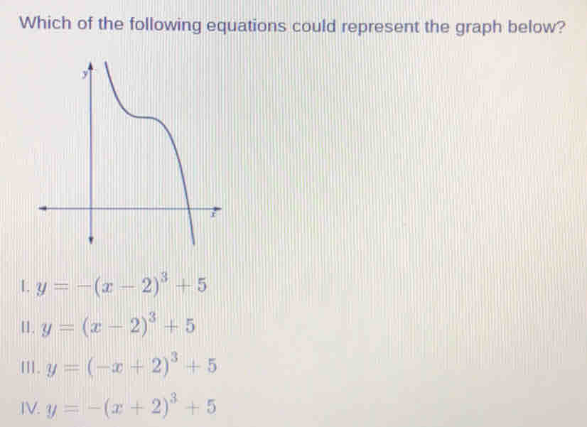 Which of the following equations could represent the graph below?
1. y=-(x-2)^3+5
[]. y=(x-2)^3+5
I]. y=(-x+2)^3+5
IV. y=-(x+2)^3+5