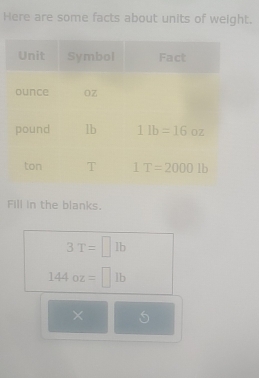 Here are some facts about units of weight.
Fill in the blanks.
3T=□ lb
144oz=□ lb
* | 5