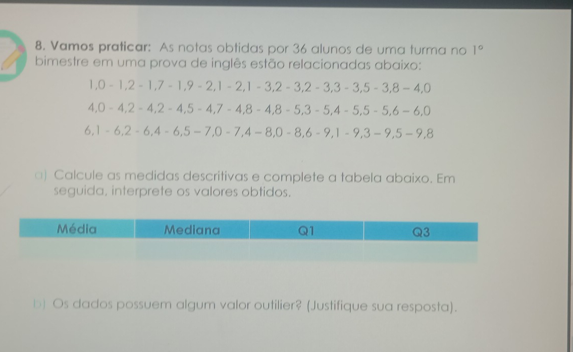 Vamos praticar: As notas obtidas por 36 alunos de uma turma no 1°
bimestre em uma prova de inglês estão relacionadas abaixo:
1, 0-1, 2-1, 7 -1, 9-2, 1-2, 1-3, 2-3, 2-3, 3-3, 5-3, 8-4, 0
4, 0-4, 2-4, 2-4, 5-4, 7-4, 8-4, 8-5, 3-5, 4-5, 5-5, 6-6, 0
6, 1-6, 2-6, 4-6, 5-7, 0-7, 4-8, 0-8, 6-9, 1-9, 3-9, 5-9, 8
a) Calcule as medidas descritivas e complete a tabela abaixo. Em 
seguida, interprete os valores obtidos. 
b) Os dados possuem algum valor outilier? (Justifique sua resposta).