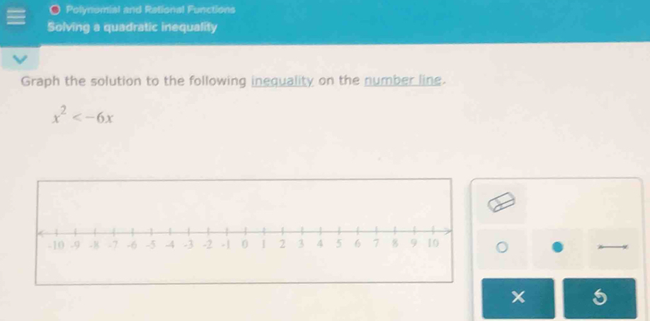 Polynomial and Rational Functions 
Solving a quadratic inequality 
Graph the solution to the following inequality on the number ling.
x^2
x