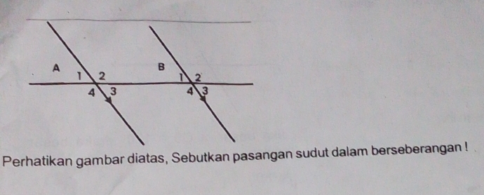 Perhatikan gambar diatas, Sebutkan pasangan sudut dalam berseberangan !