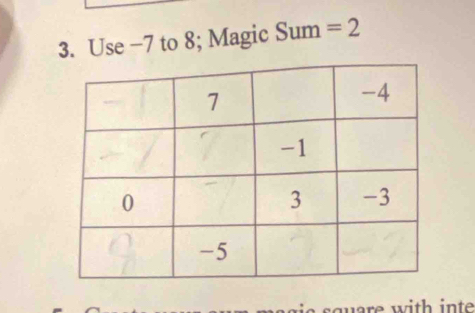 Use −7 to 8; Magic Sum =2
square with inte