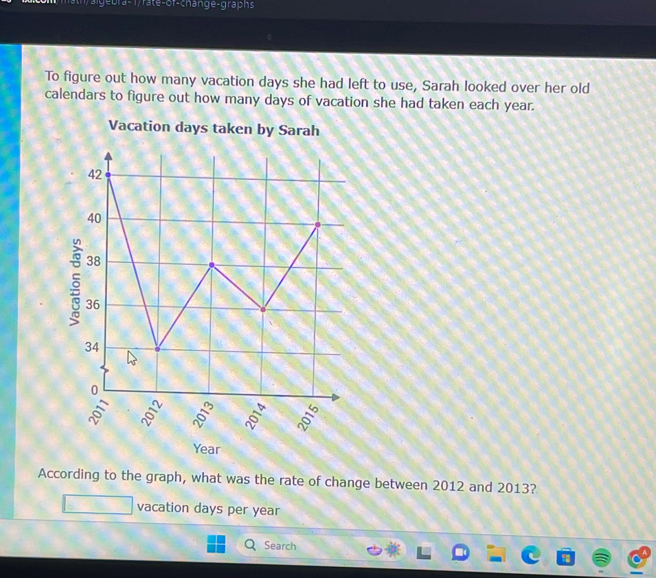 ath/algebra-1/rate-of-change-graphs 
To figure out how many vacation days she had left to use, Sarah looked over her old 
calendars to figure out how many days of vacation she had taken each year. 
Vacation days taken by Sarah 
According to the graph, what was the rate of change between 2012 and 2013? 
vacation days per year
Search