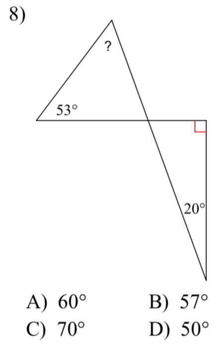 A) 60° 57°
C) 70° D) 50°