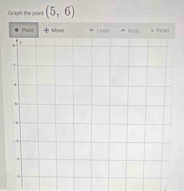 Graph the point (5,6)
Point Move Undo Redo × Resel