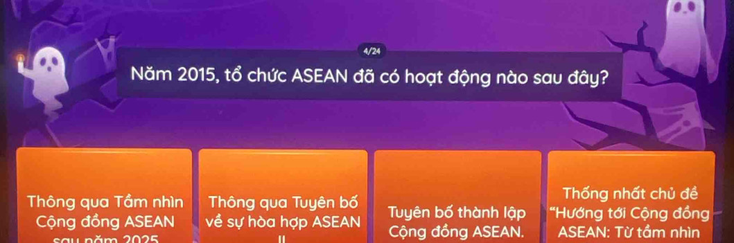 4/24 
Năm 2015, tổ chức ASEAN đã có hoạt động nào sau đây? 
Thống nhất chủ đề 
Thông qua Tầm nhìn Thông qua Tuyên bố Tuyên bố thành lập *Hướng tới Cộng đồng 
Cộng đồng ASEAN về sự hòa hợp ASEAN Cộng đồng ASEAN. ASEAN: Từ tẩm nhìn 
sau năm 2025