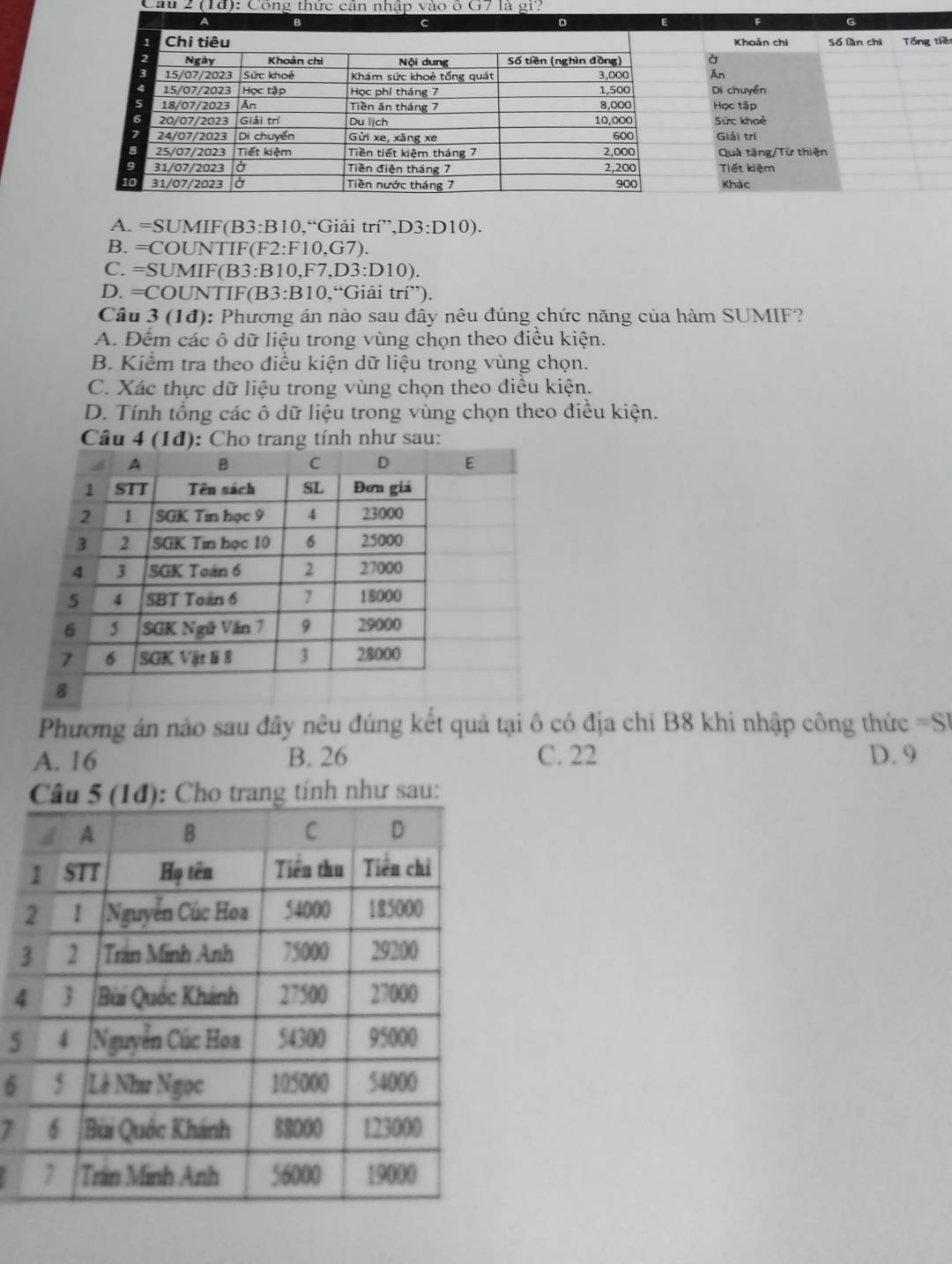 (1d): Công thức cân nhập vào ở G7 là gi?
F G
Khoản chi Số lần chi Tổng tiề
à
An
Di chuyển
Học tập
Sức khoẻ Giải trí
Quà tặng/Từ thiện
Tiết kiệm
Khác
A. =SUMIF(B 3:B10,^circ  *Giải tri',D3:D10).
B. =COUNTIF( F2:F10,G7).
C. = SUM F ( B3:B10,F7,D3:D10)
D. = COUNTIF(B3:B10,''Giaitri').
Câu 3(1d) 0: Phương án nào sau đây nêu đúng chức năng của hàm SUMIF?
A. Đếm các ô dữ liệu trong vùng chọn theo điều kiện.
B. Kiểm tra theo điều kiện dữ liệu trong vùng chọn.
C. Xác thực dữ liệu trong vùng chọn theo điều kiện.
D. Tính tổng các ô dữ liệu trong vùng chọn theo điều kiện.
Câu
Phương án nào sau đây nêu đúng kết quả tại ô có địa chỉ B8 khi nhập công thức =SI
A. 16 B. 26 C. 22 D. 9
hư sau:
4
5
6
7