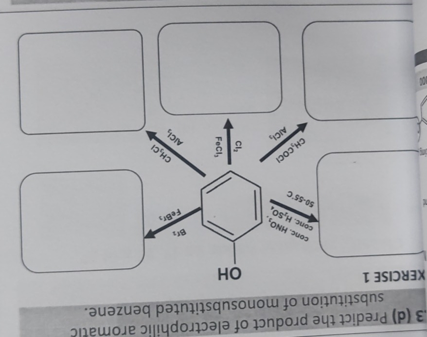 3 (d) Predict the product of electrophilic aromatic 
substitution of monosubstituted benzene. 
XERCISE 1 OH 
conc. 
conc. H_2SO_4 HNO_3,
Br_2
FeBr_3
50-55°C
in
CH_3Cl
CH_3COCl  N/O  60° AlCl_3
AlCl_3