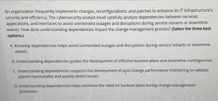 Solved: An organization frequently implements changes, reconfigurations ...