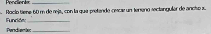 Pendiente:_ 
Rocío tiene 60 m de reja, con la que pretende cercar un terreno rectangular de ancho x. 
Función:_ 
Pendiente:_