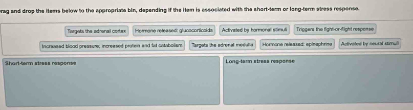 rag and drop the items below to the appropriate bin, depending if the item is associated with the short-term or long-term stress response.
Targets the adrenal cortex Hormone released: glucocorticoids Activated by hormonal stimuli Triggers the fight-or-flight response
Increased blood pressure; increased protein and fat catabolism Targets the adrenal medulia Hormone released: epinephrine Activated by neural stimull
Short-term stress response Long-term stress response