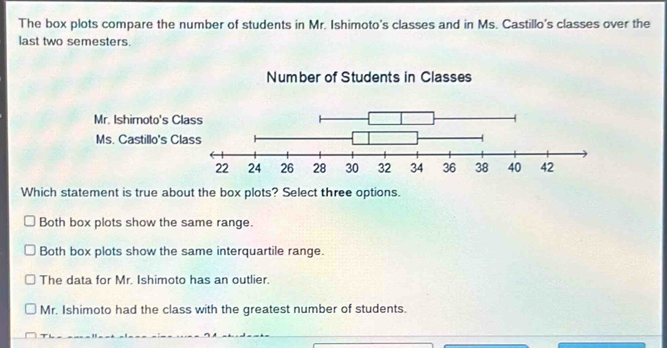 The box plots compare the number of students in Mr. Ishimoto's classes and in Ms. Castillo's classes over the
last two semesters.
Which statement is true about the box plots? Select three options.
Both box plots show the same range.
Both box plots show the same interquartile range.
The data for Mr. Ishimoto has an outlier.
Mr. Ishimoto had the class with the greatest number of students.