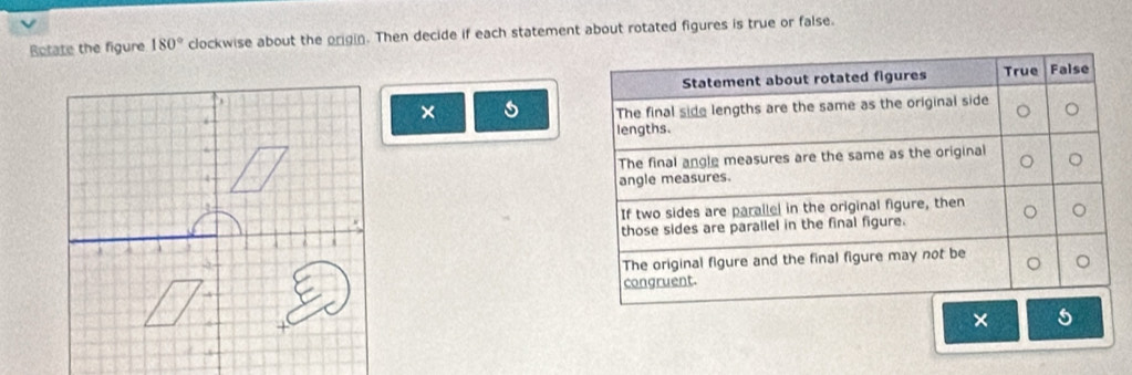 Botate the figure 180° clockwise about the origin. Then decide if each statement about rotated figures is true or false. 

× s 

×