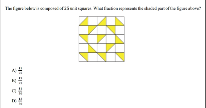 The figure below is composed of 25 unit squares. What fraction represents the shaded part of the figure above?
A)  11/25 
B)  13/25 
C)  11/50 
D)  13/50 