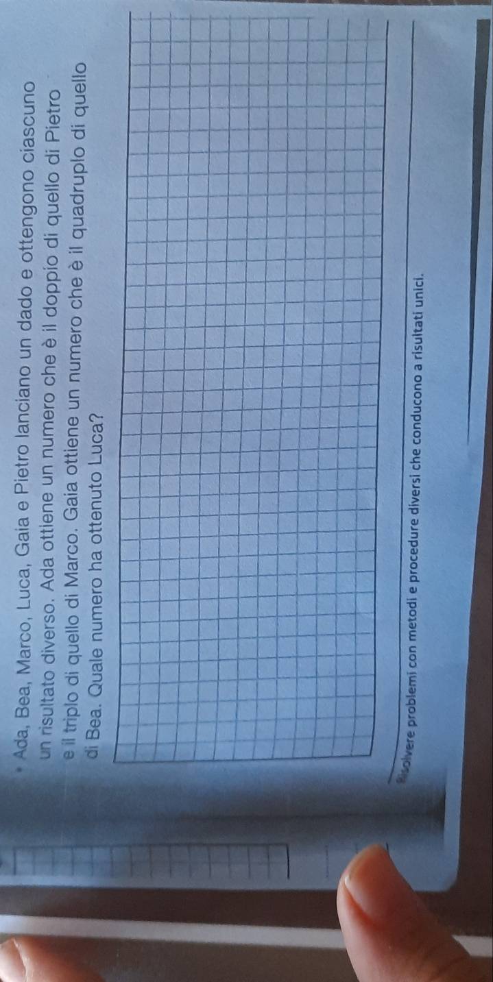 Ada, Bea, Marco, Luca, Gaia e Pietro lanciano un dado e ottengono ciascuno 
un risultato diverso. Ada ottiene un numero che è il doppio di quello di Pietro 
e il triplo di quello di Marco. Gaia ottiene un numero che è il quadruplo di quello 
di Bea. Quale numero ha ottenuto Luca? 
Hsolvere problemi con metodi e procedure diversi che conducono a risultati unici.