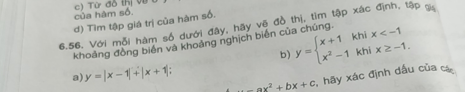 Từ đô thị Về
của hàm số.
d) Tìm tập giá trị của hàm số.
6.56. Với mỗi hàm số dưới đây, hãy vẽ đồ thị, tìm tập xác định, tập gia
khoảng đồng biến và khoảng nghịch biến của chúng.
b) y=beginarrayl x+1khix
a) y=|x-1|+|x+1|; a
-ax^2+bx+c , hãy xác định dấu của các