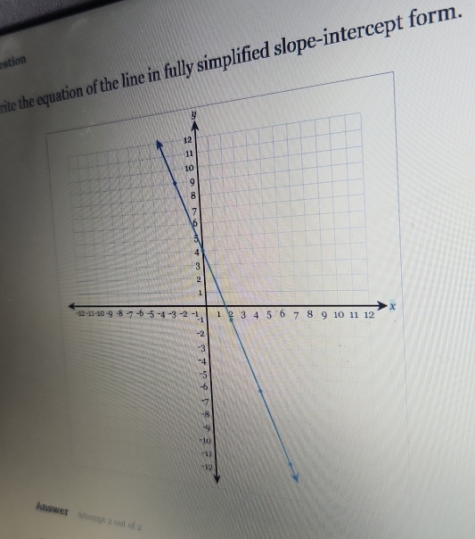 ite the equation of the line in fully simplified slope-intercept form. 
stion 
Answer Attempt 2 out of 2