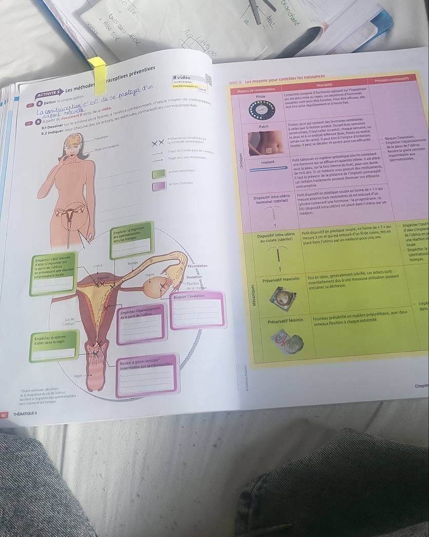 raceptives préventives
# vidéo
00  1  Les moyens pour contrôler les naissances
_
Moyens de contraception Pimutes contracamts
cte  > Les méthodes
Lauchereenem 11
Comprmé composé d'hormores agissant sur l'hpppmse
qui est alors misa au ropus. Les secrétiuns d'hormones
veauelles vom aisi être fremées. Poue être efficace, ele
a Ea pefinirla contraception
dse être prse réquilésement et à beure fiae
ssiner sur le schème de la femme, à l'éndroi con espondant, chaque moyen de contacepie
É À À pair du décument É opau de la vidée
une des six actions, les méthades contraceptives conrespondantes
Timbre carré qui comment des hormbies semblables
Patch à celles que la femile groduit. Durant trois semaies
consécutives, il faus cirler un gatch, charque semaine, vr
Boque Yovlztion
locales. Il peutse décoller et pentre amsi son milicacité Emplcher F'eparsussement
Pebit bâtonnet en matière symthétique lies fin contenant Renore la game consicale de la paroi de l'utérus
imperméable am
sous la peau, sur la face interne du bras, pour vte durée spermatos oïdes.
Implant une hormone qui se défluse en quantité infime. Il est place
de trois ans. Si un médecin vous prescrit des médicamencs
I tut le prévenir de la présence de l'implant contracegut
car certains traîlements peuvent diminuer son efficacne
contraceptive
Dispositif intra-utérin hormonal (stérnet)  Petit dispositif en plastique souple en forme de « T « qui
mesure eniton brais centimètres et est entouré d'un
cylindre contenant une hormoné : la progestérone. Le 
DID (dispositil intra-utérin) est placé-dans l'utérus par un
medetin
Peut dispositit en plastique souple, en forme * qi
Dispositif intra-utérin au cuivre (stérilet) mesure 3 cm et qui est entouré d'un fi de cuvre, mis en Engéster V at 1 1 üer smplane de Vuterus en p
place dans lutérus par un médecin pour cnq ans. une réaction in
ocale
Empêcher la spermato lo
frompes
Préservatif masculin Étui en latex, généralement lubrifié. Les échecs som
entraîner sa déchiture essentiellement dus à une mauvaise utirsation pouvane
ξ
Erpé
Préservatif féminin  Fourreau prélubritié en matière polyuréthane, avec deux dans
anneaux llexibles à chaque extrémité.
Chapit
ThémAtique a