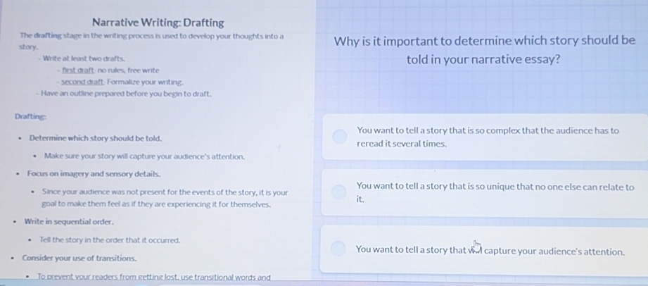 Solved: Narrative Writing: Drafting The drafting stage in the writing ...